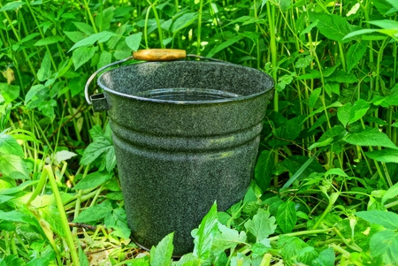 black metal enamelled bucket of water stands in green grassの写真素材