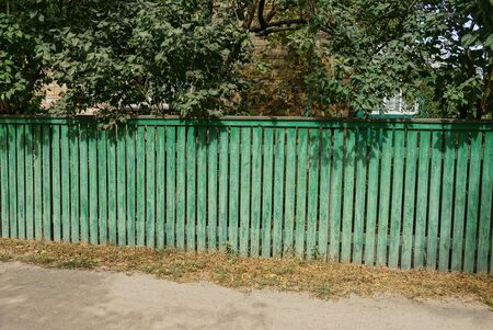 green wooden fence in the street in the grass under tree branches with leavesの写真素材