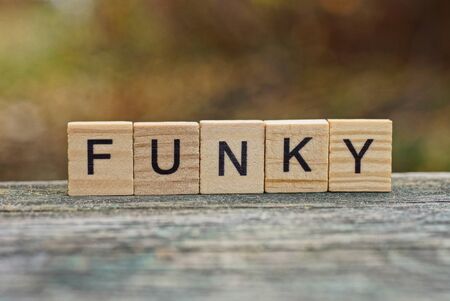 word funky made of wooden letters on gray tableの写真素材