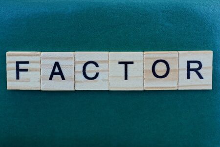 word factor made from wooden gray letters lies on a green backgroundの写真素材