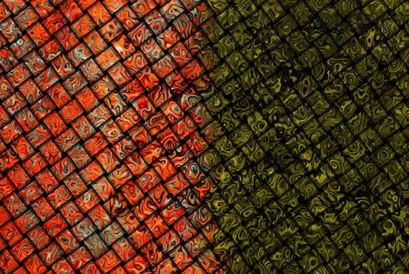red green illustration of abstract distortion on a square woven fabricの写真素材