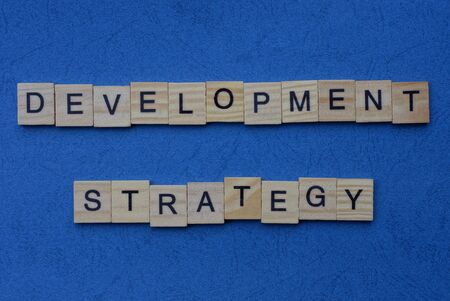 phrase development strategy made from gray wooden letters lies on a blue backgroundの写真素材