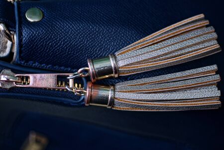decor of two brown gray tassels on a lace zip made of leather and metal on a blue bag