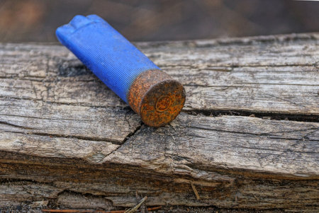 one old blue plastic hunting case with a rusty capsule lies on a gray board