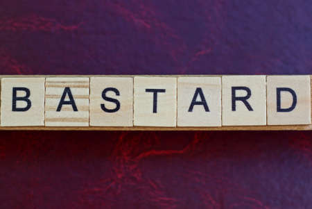 text the word bastard from gray wooden small letters with black font on an red tableの写真素材