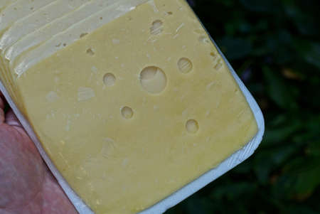 food of sliced yellow cheese in a plastic bag in hand on a green background