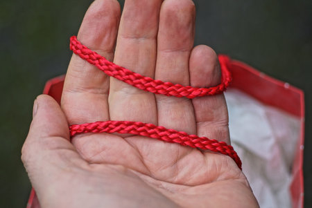 two red ropes lie on an open palm on a hand on a green backgroundの写真素材