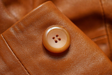 one big plastic round button on a leather brown jacketの写真素材