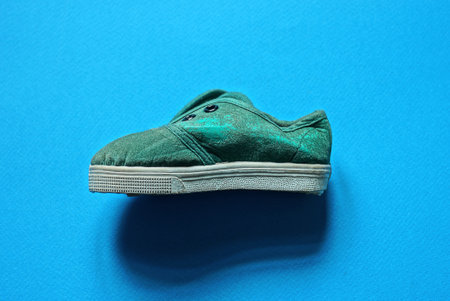 one small old dirty green leather sneaker with a white sole lies on a blue table