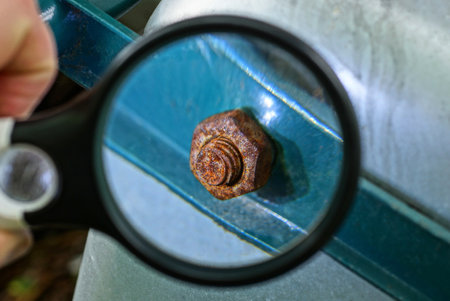black magnifier in hand enlarges rusty brown iron nut and bolt on green strip and gray metal wallの写真素材