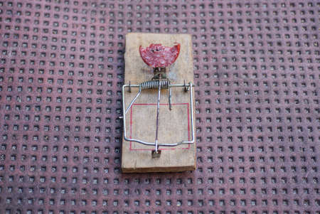 one dirty wood mouse trap with a piece of red sausage stands on a brown tableの写真素材