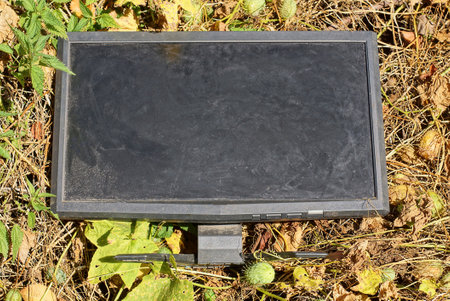 one old dirty black computer monitor lies on brown dry vegetation with green leaves outdoors in natureの写真素材