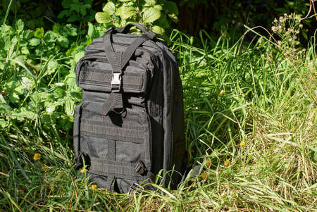 one tactical black backpack stands in the green grass with leaves and vegetation in the streetの写真素材