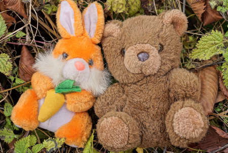 two small plush toys brown bear and red hare lies on green leaves of plants in nature