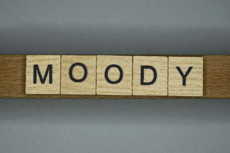 text on word moody from gray wooden letters on a black backgrounの写真素材