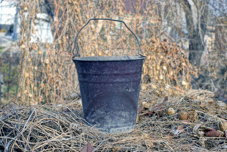 one old black dirty metal bucket stands on the street stands on gray dry vegetationの写真素材