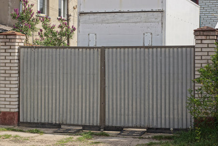 one big gray closed metal gate and part of the bricks white fence on the street
