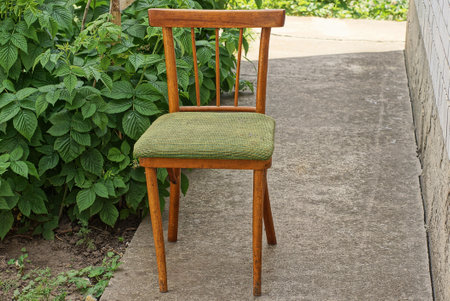 one brown empty wooden chair with a soft green seat stands on a gray concrete path against a wall and bushes on the streetの写真素材