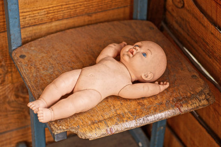 one old dirty plastic doll toy lies on a brown table in the roomの写真素材