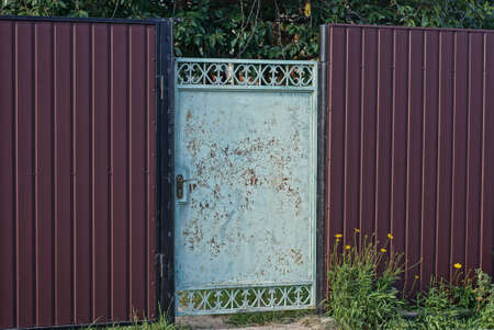 one old blue shabby iron door on a brown metal fence wall on a rural street in green vegetation
