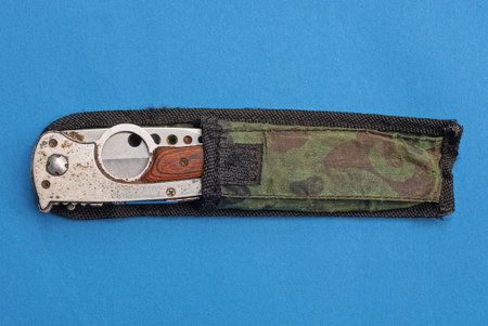 one folding knife in a green sheath lies on a blue tableの写真素材