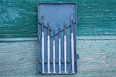 a set of gray black metal screwdrivers in a plastic open box on a green wooden table
