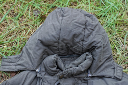 one gray fabric hood from a winter jacket lies on the green grass on the street