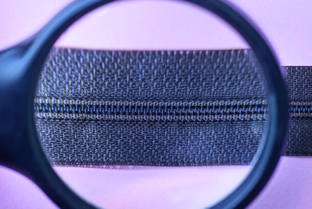 a magnifying glass magnifies a detail for clothing from a black plastic zip on a strip of fabric...