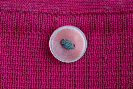 one white plastic button with black thread on a red cloth