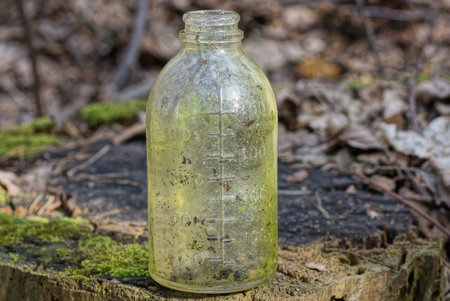 one small dirty glass old gray green bottle stands on a wooden tree branch in nature