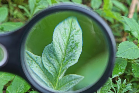 one black magnifier in hand increases the green leaf of a plant in natureの写真素材