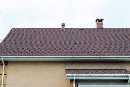 one brick chimney on the brown tiled roof of a private house against the gray sky
