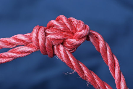 a piece of red rope rope with a knot on a blue backgroundの写真素材