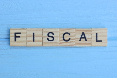 word fiscal made from wooden gray letters lies on a blue backgroundの写真素材