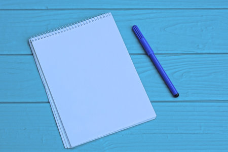 one open white notebook with a plastic pen lie on a blue wooden table