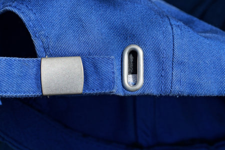 part of a blue cap made of fabric with a metal gray fastener and a harnessの写真素材