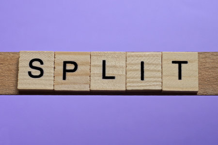 word split made from wooden gray letters lies on a lilac backgroundの写真素材