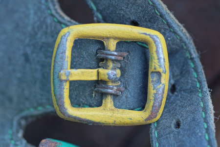 one old yellow metal clasp on a blue leather sandal harnessの写真素材