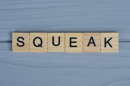 word squeak made of small gray wooden letters on a gray wood backgroundの写真素材