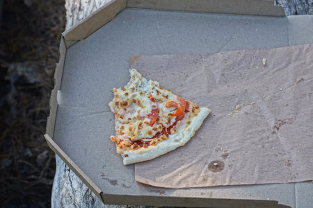 food from one piece of fried pizza lies on gray paper packaging box in the streetの写真素材