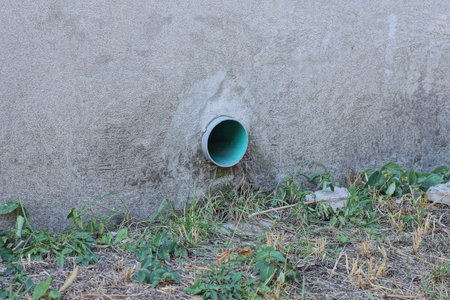 one green plastic drain pipe in a gray concrete foundation wall on the street