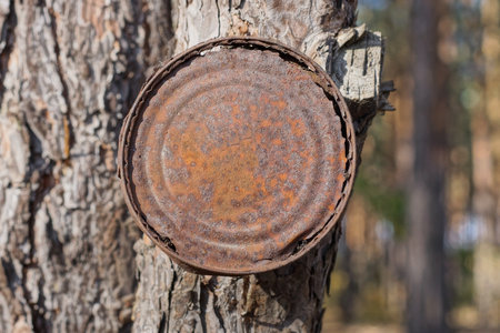 one old round iron brown rusty tin can hanging on a pine tree outside in nature