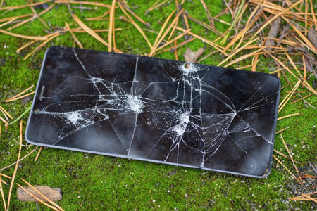 one broken large smartphone with a black screen in white cracks lies on green moss outside in natureの写真素材