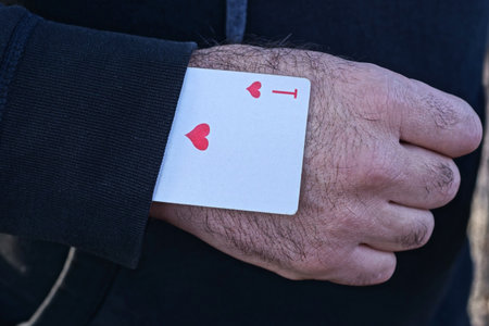 one playing card ace of hearts in blue sleeve clothing on the cheaters hand