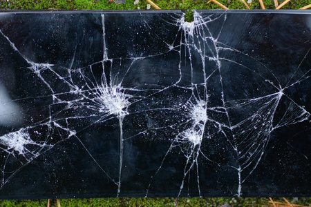 one broken large smartphone with a black screen in white cracks lies on green moss outside in natureの写真素材