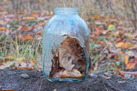 one big old gray broken glass jar with a hole and brown dry leaves stands on the ground on the streetの写真素材