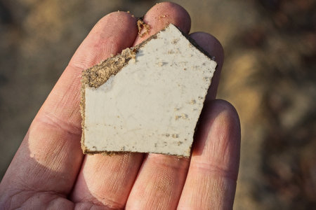 hand holding a piece of white small old ceramic tileの写真素材