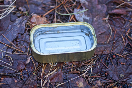 garbage from one empty dirty restangular can among brown vegetation in nature