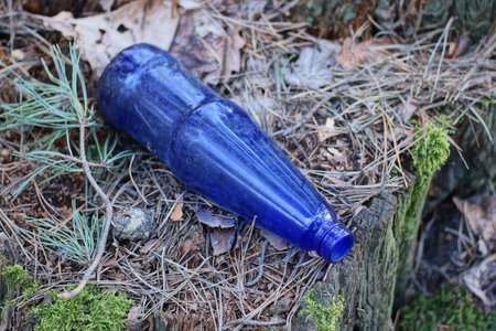 one old dirty blue glass bottle lies on dry leaves and gray grass on the street