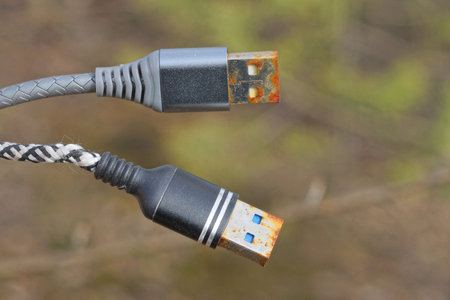 two old metal rusty usb with a black gray electrical wire